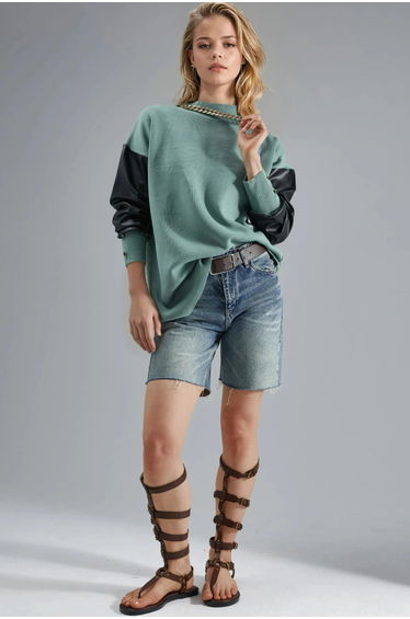MY FASHION Faux Leather Detailed Sweater