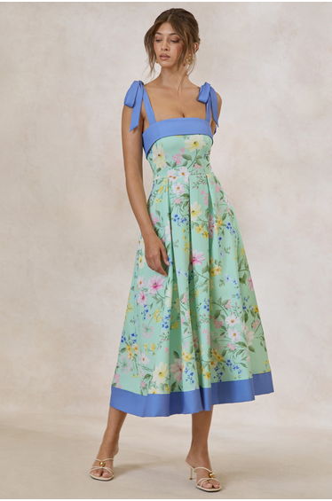 Marlisa | Mint Floral Print Square-Neck Midi Dress With Bow Straps