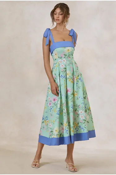 Marlisa | Mint Floral Print Square-Neck Midi Dress With Bow Straps