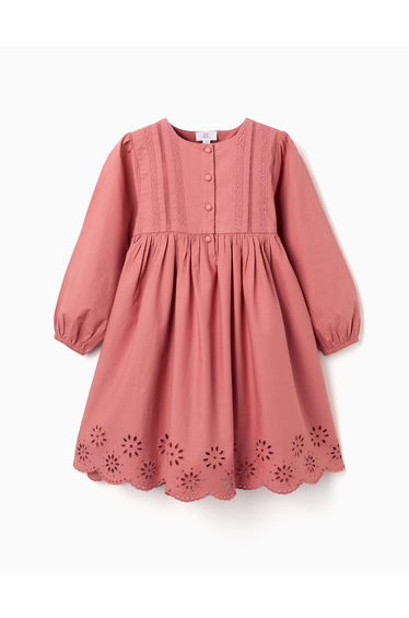 Long sleeve poplin dress with broderie anglaise for girls pink