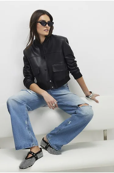 Black Faux Leather Cropped Bomber Jacket