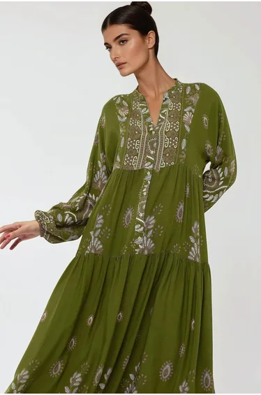 Printed Long Sleeve Viscose Maxi Dress