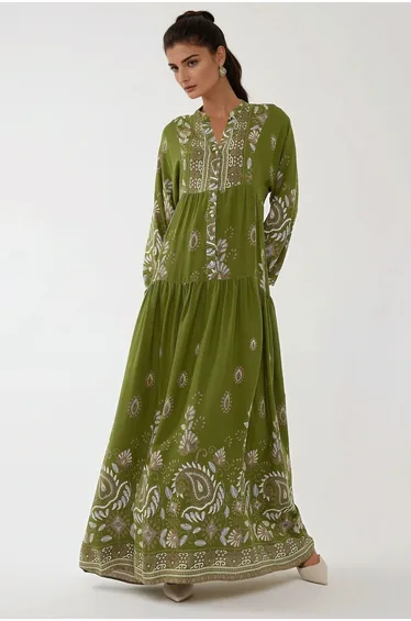 Printed Long Sleeve Viscose Maxi Dress