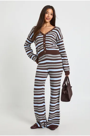 Striped V Neck Knitted Cardigan and Wide Leg Trouser - chocolate
