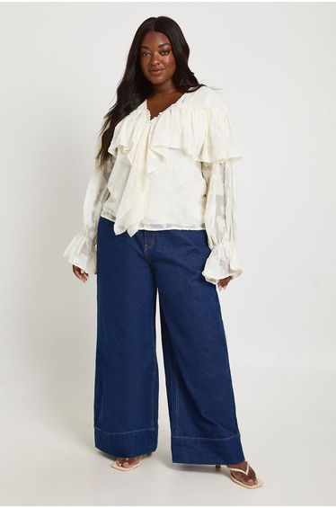 Plus Burnout Ruffle Front Blouse - ivory