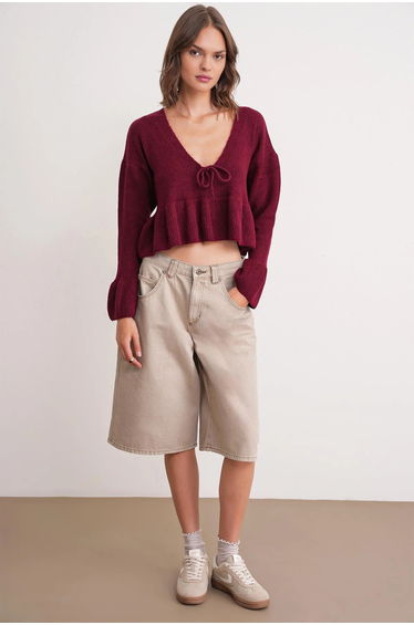 Mixray Bow Detailed Ruffled V-Neck Knit Sweater