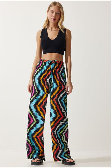 Women's Black Blue Patterned Flowy Viscose Palazzo Trousers
