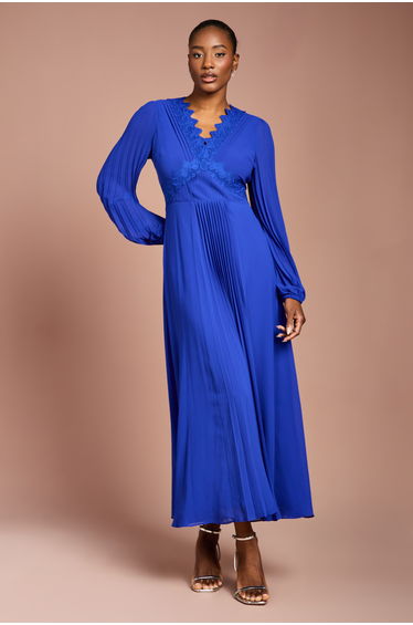 Pleat Detail Lace Trim Maxi Dress