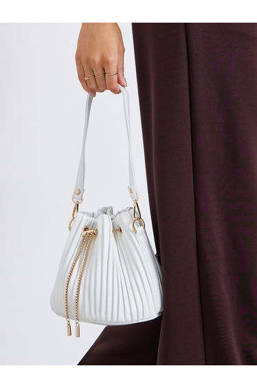 White Pleated Bucket Crossbody Bag