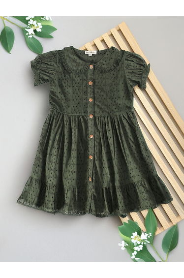 Solid Schiffli Puff Sleeves Dress with Button Front