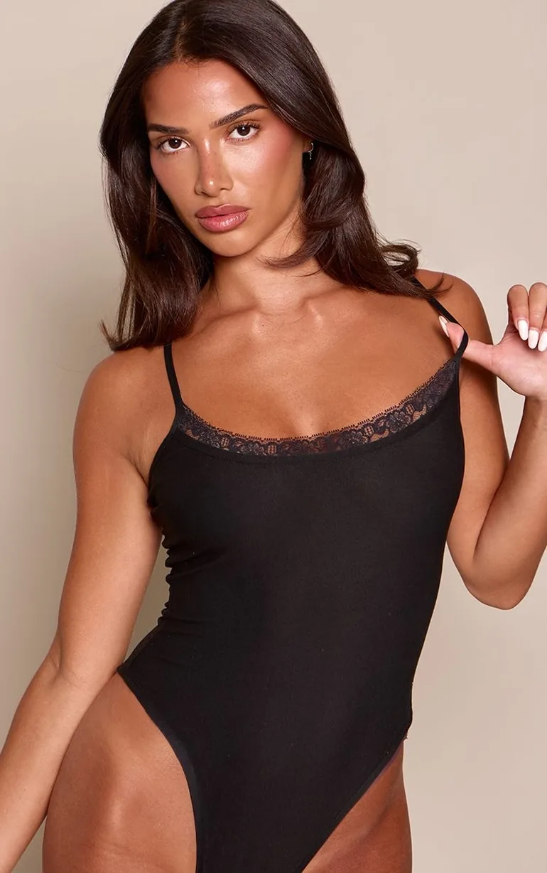 Black Cotton Lace Detail Bodysuit - 2