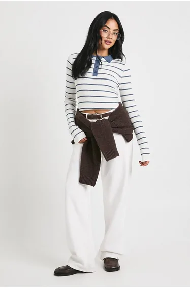 قميص بولو بوهو أزرق بطبعة مخططة بأكمام طويلة