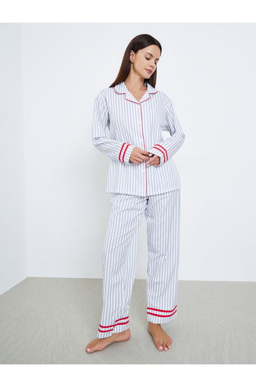 Striped Contrast Trim Piping Shirt and Pyjama Set