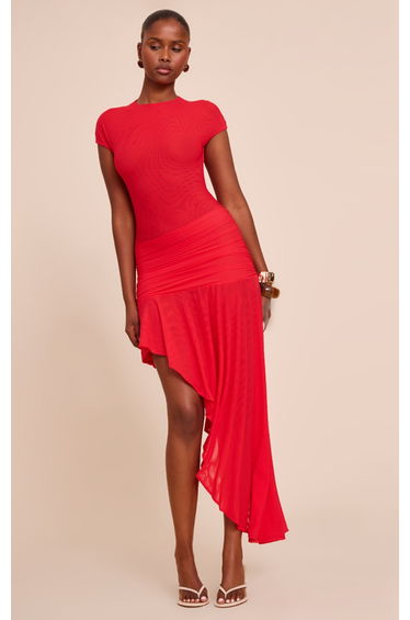 Red Double Mesh Ruched Waist Dress