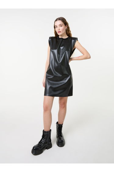 Wet Look Vegan Leather Shoulder Pad Dress