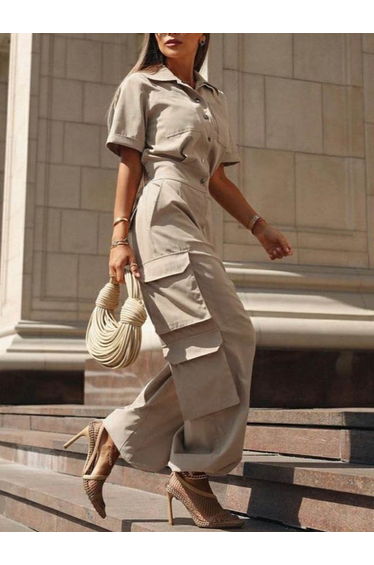 Loose Short Sleeves Buttoned Pockets Solid Color Lapel Jumpsuits