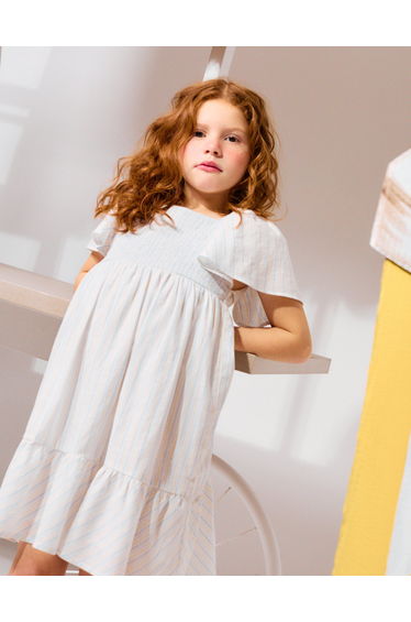 Striped Cotton DreWith Lining B&S For Girls White Yellow Blue