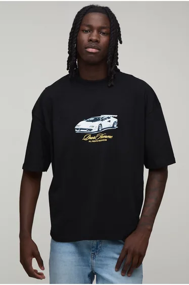 Black Oversized Boxy Car Print T-Shirt - black