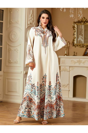 Women Graphic Print Detail Long Sleeve Jalabiya