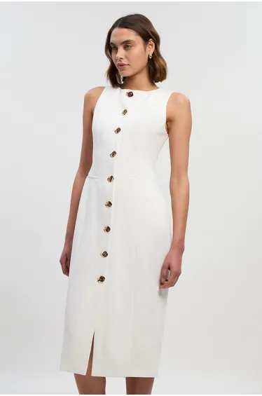 Petite Compact Essential Button Pencil Midi Dress