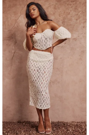 Cream Textured Lace Midaxi Skirt