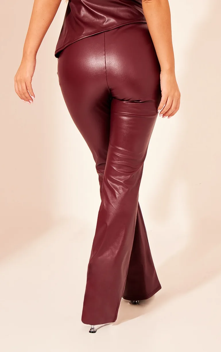 Dark Red Faux Leather High Waisted Flared Trousers - 2
