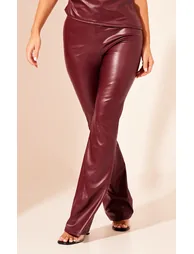 Dark Red Faux Leather High Waisted Flared Trousers - 1