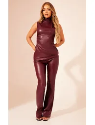 Dark Red Faux Leather High Waisted Flared Trousers