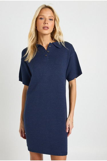 Collared Button Down Oversized Knitted Dress - navy