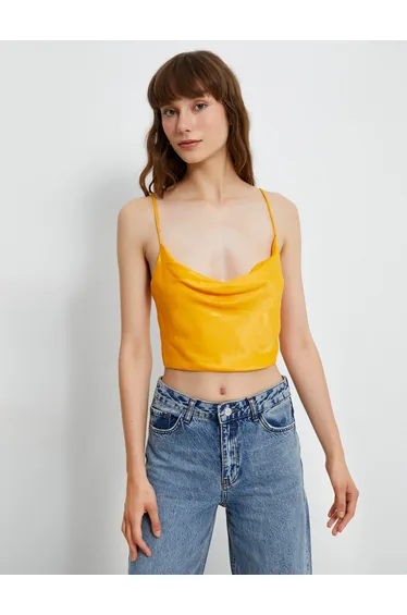 Spaghetti Strappy Satin Cowl Neck Crop Blouse