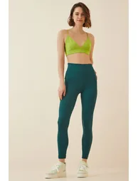 Women's Petrol Green High Waist Ribbed Knitted Leggings - 1