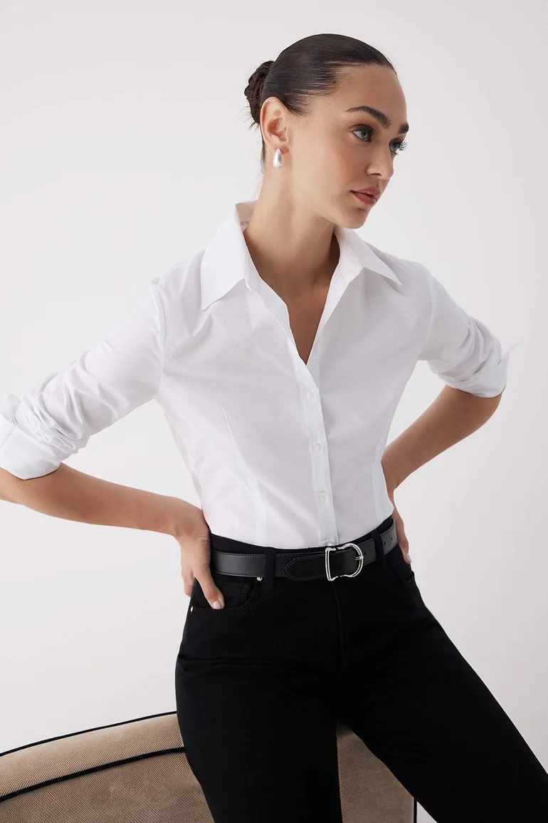 White Lightly Waisted Fitted Woven Shirt