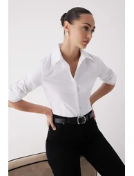 White Lightly Waisted Fitted Woven Shirt