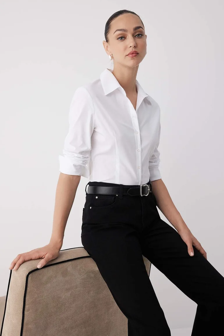 White Lightly Waisted Fitted Woven Shirt - 1