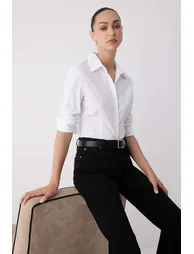White Lightly Waisted Fitted Woven Shirt - 1