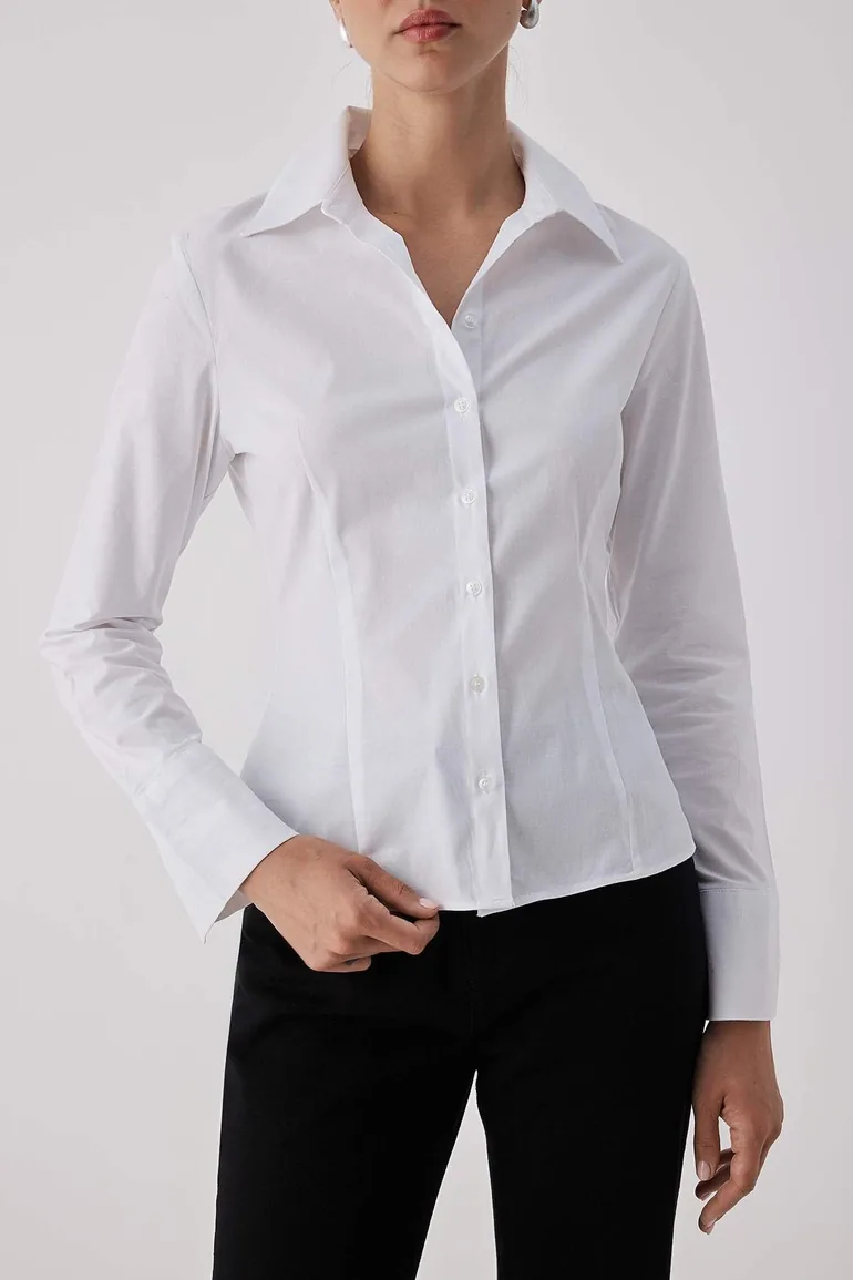 White Lightly Waisted Fitted Woven Shirt - 2