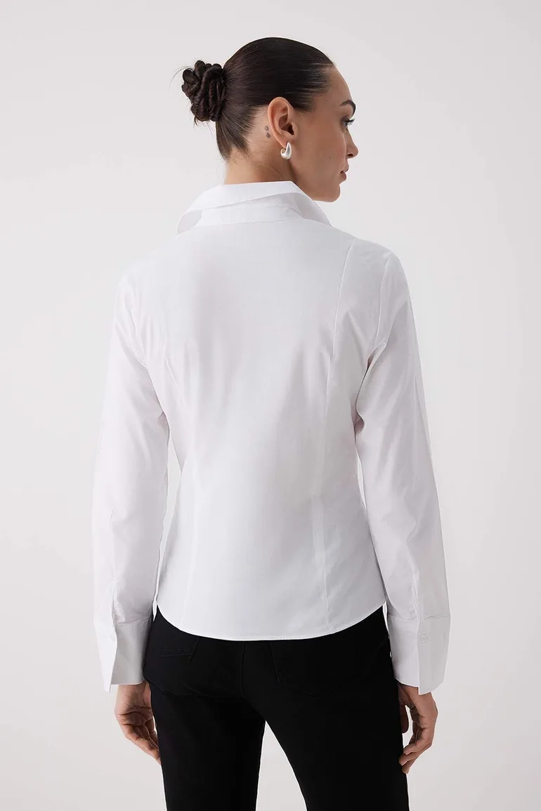 White Lightly Waisted Fitted Woven Shirt - 3