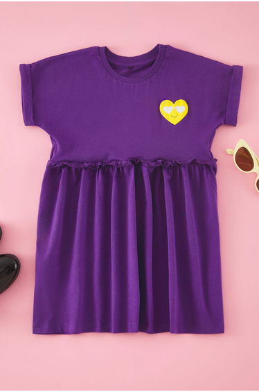 Purple Girl Heart Patterned 100% Cotton Mini Knitted Dress
