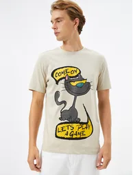 Cat Printed Crew Neck Short Sleeve Cotton T-Shirt