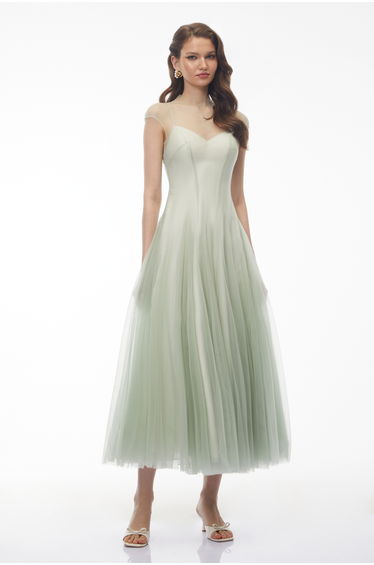 Simin Green Semi-Sheer Tulle Maxi Dress