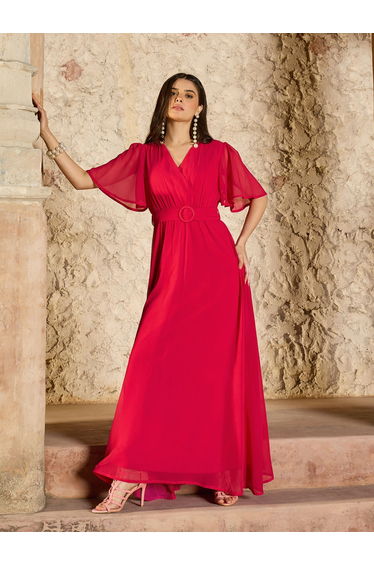 Pink V-Neck Short Sleeve Belted Maxi Dress