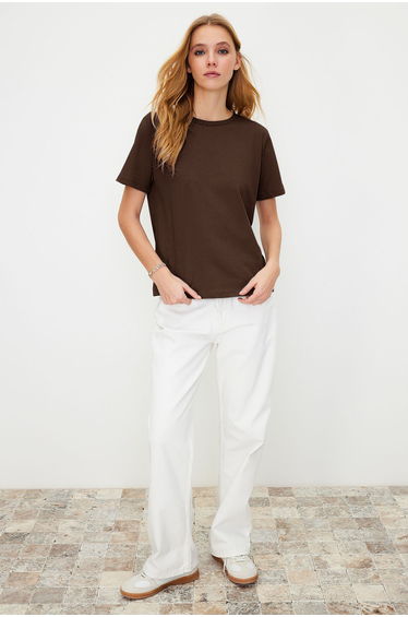 Brown 100% Cotton Basic Crew Neck Knitted T-Shirt