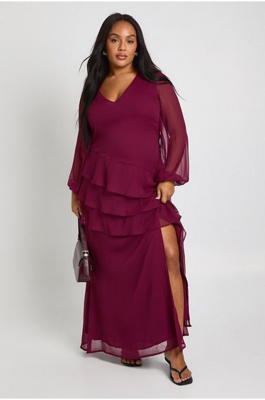 Plus Chiffon Frill Maxi Dress - burgundy
