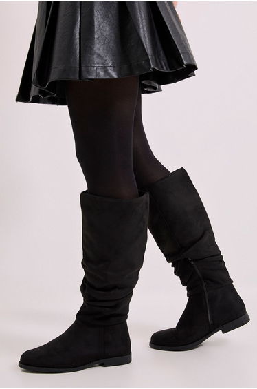 Karina Faux Suede Flat Knee High Ruched Boots