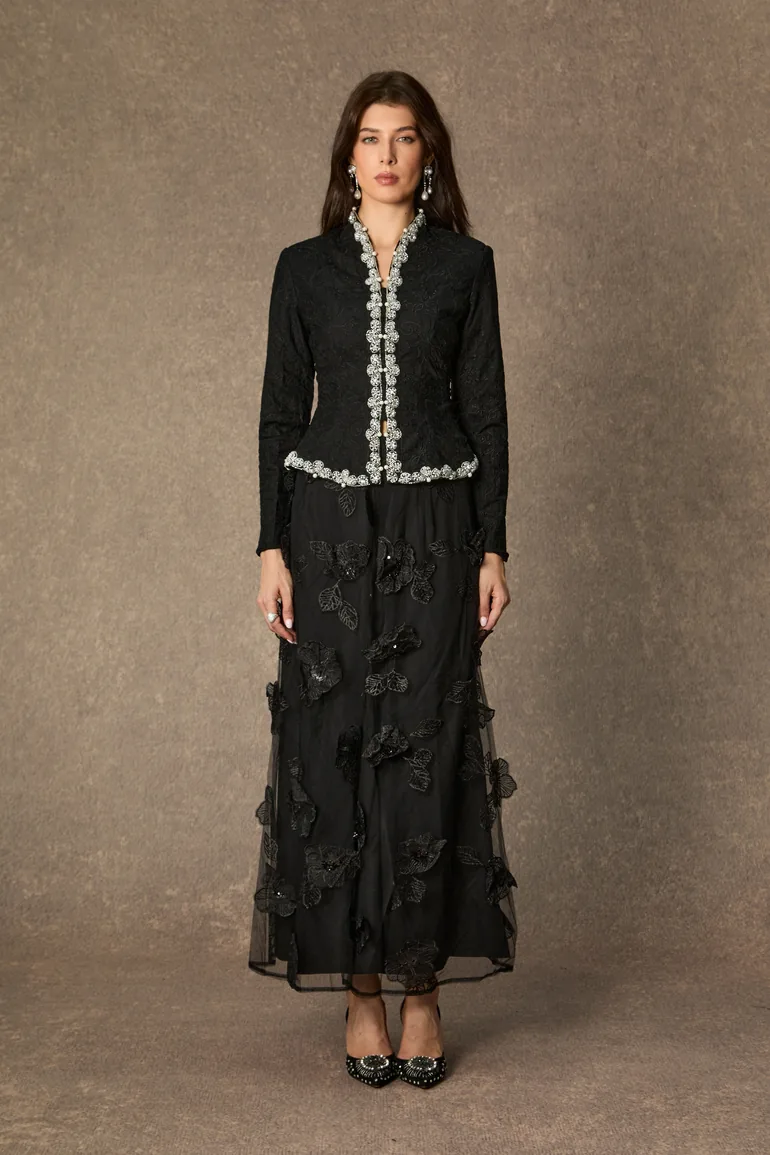 Blossom Hour Black Diamante Trim Top & Floral Applique Skirt Set