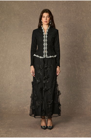 Blossom Hour Black Diamante Trim Top & Floral Applique Skirt Set