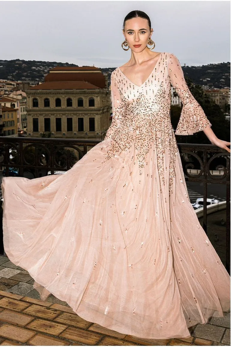 white christmas dresses Long Sleeve Sequin Flame Maxi - Champagne main image 1