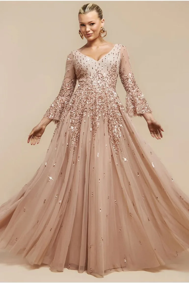 Goddiva Sunray Sequin A-Line Bell Sleeve Maxi Dress - Champagne Goddiva Beige : Premium Dresses : VogaCloset Iraq Goddiva Sunray Sequin A-Line Bell Sleeve Maxi Dress - Champagne Goddiva Beige : Premium Dresses : VogaCloset Iraq