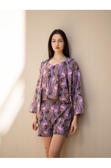 Pack of 3 - Floral Lapel Collar Cotton Shirt, Cami and Shorts Set