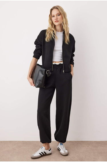 Black Contrast Waist Detailed Basic Jogger Knitted Tracksuit